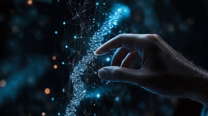 Hand touching digital data, glowing particles, innovative technology concept.