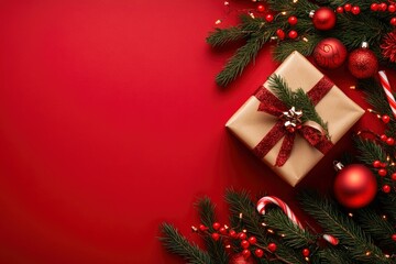 Modern christmas composition. Stylish christmas gift, wrapping paper, fir branches, candy cane and baubles on red background, space for text. Merry Christmas and Happy Holidays! Festive banner , ai