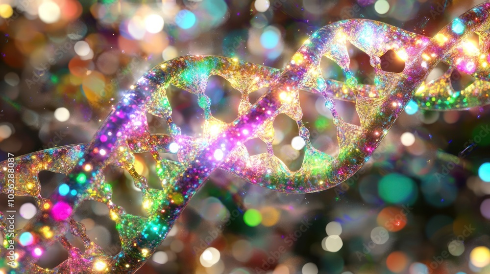 Poster a sparkling dna double helix against a colorful bokeh background.