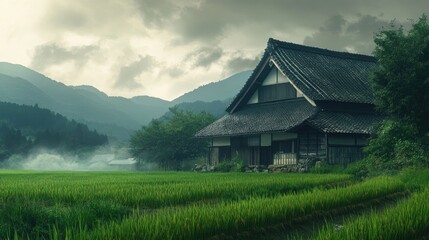 Obraz premium Serene Rice Field with Traditional House in Fog