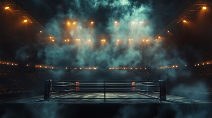 Wide shot of a boxing ring in a large stadium, with spotlights, smoke, and atmospheric lights