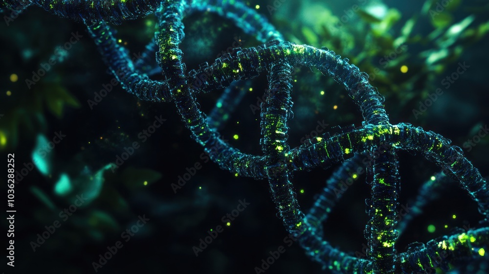 Aufkleber a close-up of a dna double helix, rendered in a 3d style with glowing green particles. the helix is 