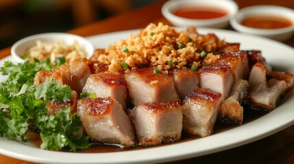 Crispy Pork Belly with Herbs and Sauce