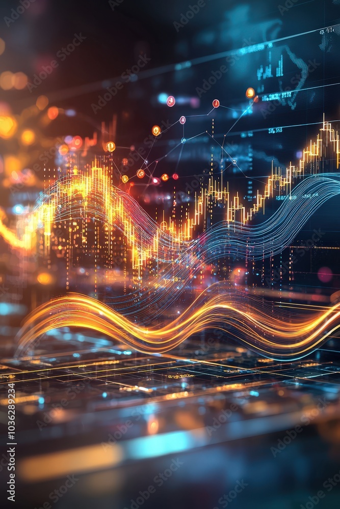 Poster a vibrant representation of financial data trends with glowing patterns and colorful lights, showcas