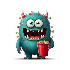 Cheerful candy-loving monster with a bright red bucket of sweets