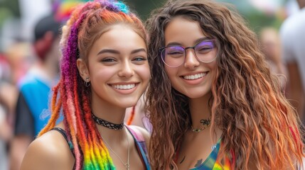 Fototapeta premium Two beautiful young women with rainbow hair, posing for the camera at an outdoor pride event during daytime