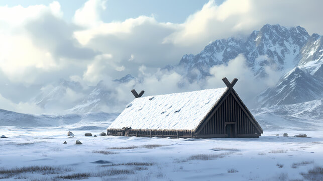 Viking longhouse with snowy mountain backdrop. Viking Longhouse. Illustration