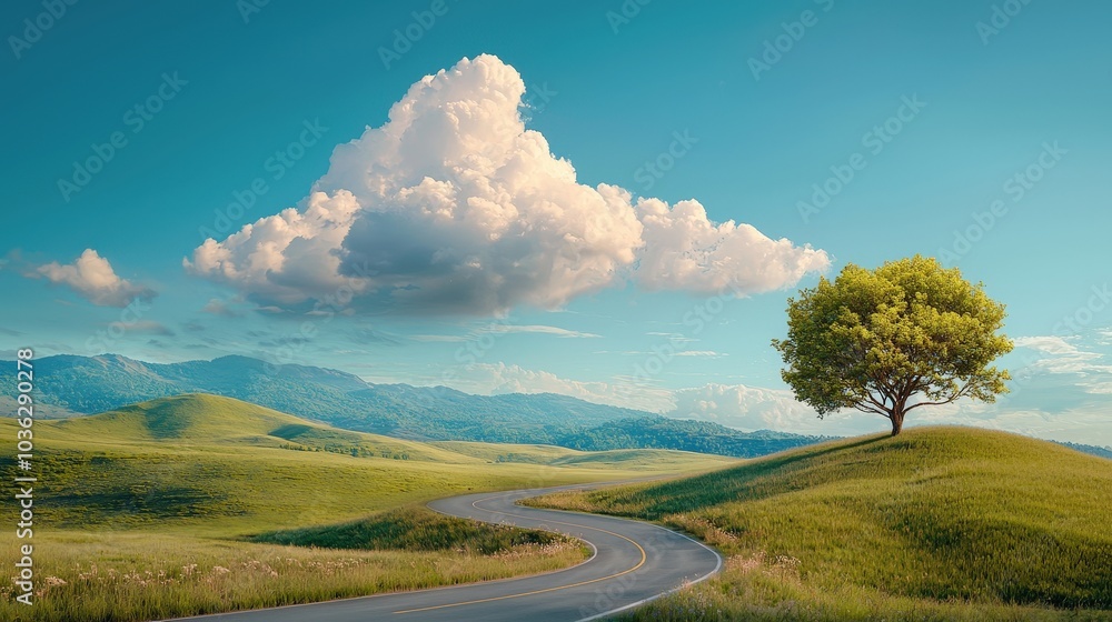 Wall mural A picturesque landscape featuring a winding road, an isolated tree on a hill, and a fluffy cloud under a clear blue sky, ideal for relaxation and exploration.