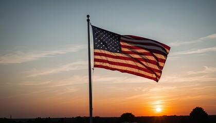 American flag waving against a sunset backdrop.