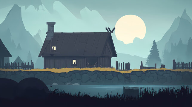 Viking village level background asset, longhouses, platformer game elements. 2d style. Viking Longhouse. Illustration