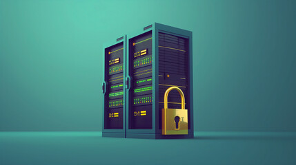 Data center server rack with padlock icon symbolizing network security and protection