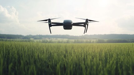 A futuristic drone in mid-flight, open field with clear skies, Aerial style