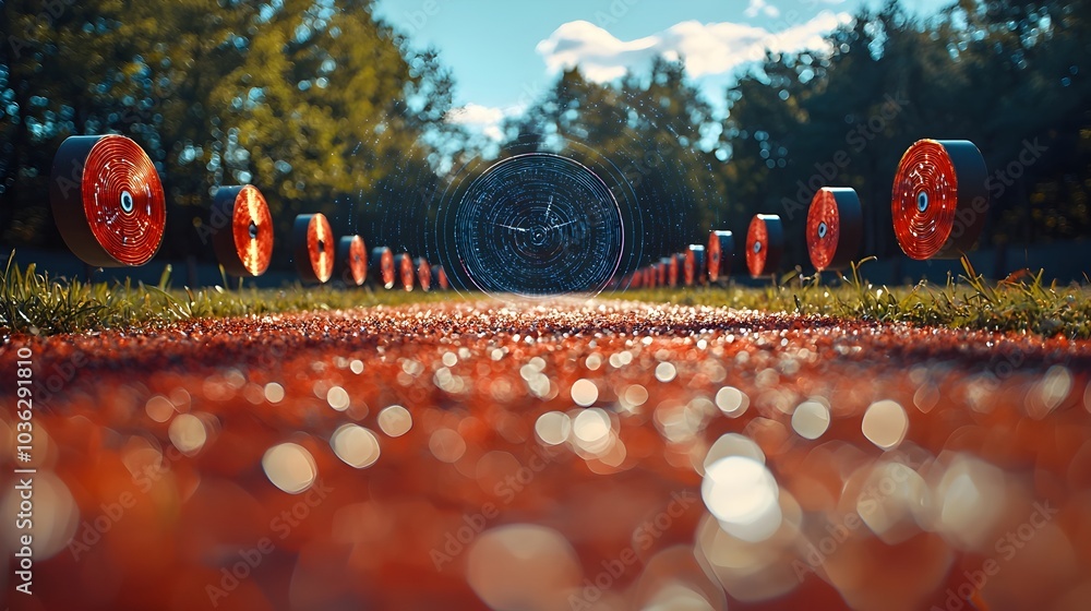 Poster a photograph showcasing a high tech archery range with holographic trajectory lines and score tracki