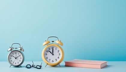 Clocks and a book on a pastel background for time management.