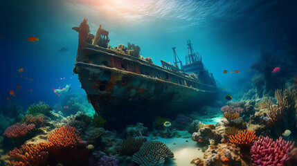 A shipwreck submerged beneath the ocean. And the vibrant coral reef .