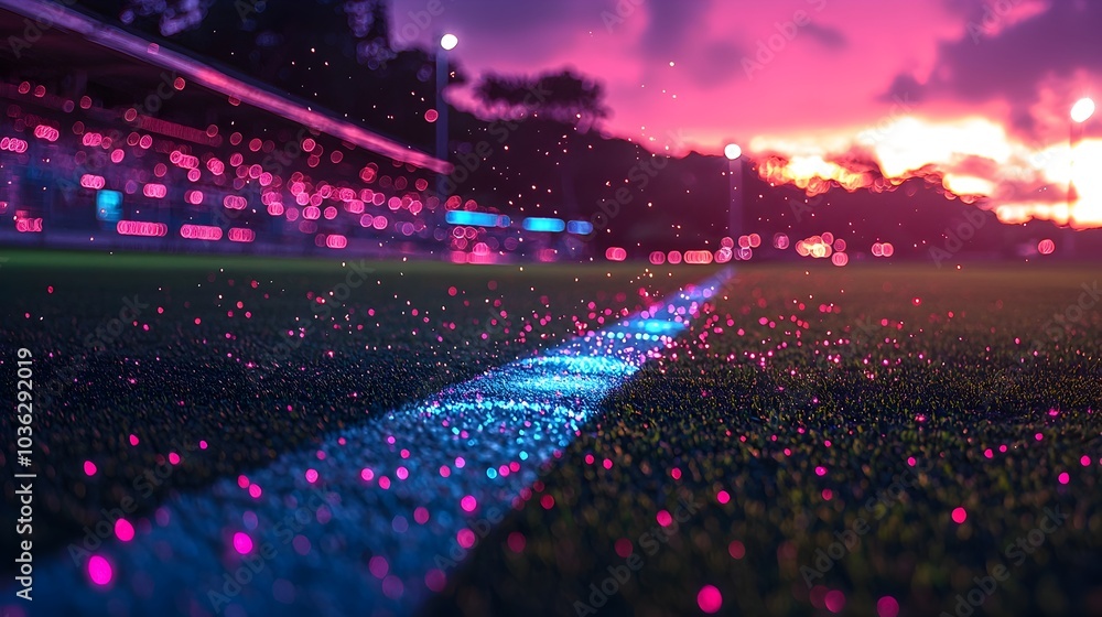 Poster holographic cricket field with futuristic player information and game data overlays hovering near th