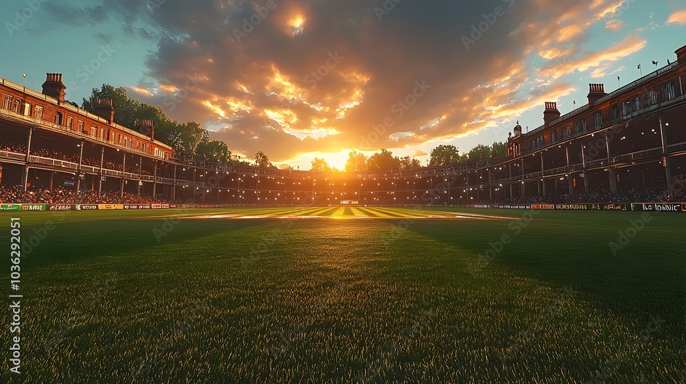 Poster a futuristic photograph showcasing a cricket field with holographic game statistics player informati