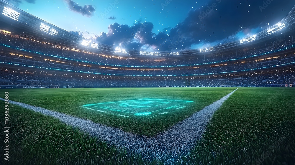 Poster a photograph of a cricket field with holographic game stats and player information hovering near the