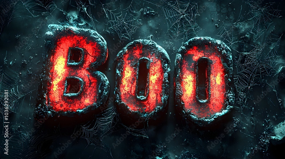 Poster spooky gothic halloween scene with cobweb covered corners and stylized boo in dark font haunting and