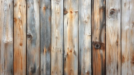 Fototapeta premium Vertical wooden fence panels display a mix of natural grain and weathered tones, showcasing a rustic charm that complements outdoor spaces effectively.
