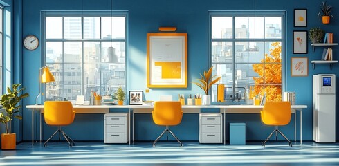 Modern Office Interior Design with Yellow and Blue Accents