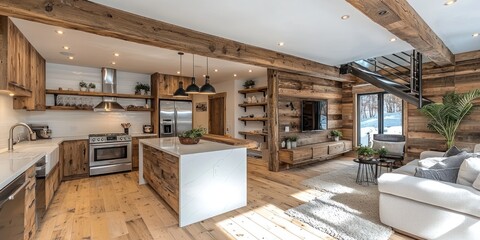 Modern Rustic Kitchen and Living Room Interior with Exposed Beams