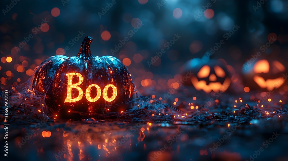 Poster spooky floating boo text with cobwebs jack o lanterns and eerie glowing eyes creating a mystical cre