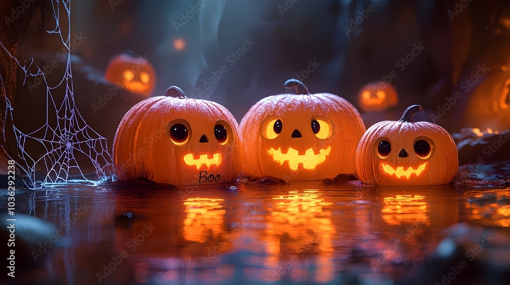 Poster spooky floating boo text with cobwebs jack o lanterns and eerie glowing eyes creating a haunting mys