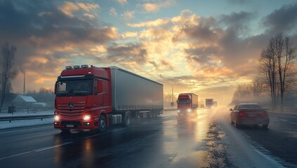 Trucks on a Snowy Road at Sunset