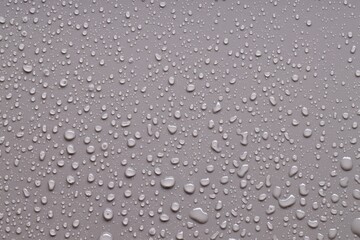 Water drops on gray background, top view