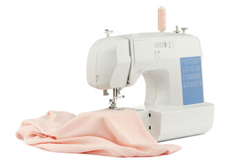 Sewing machine with cloth isolated on white