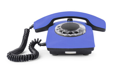 Old blue telephone with rotary dial isolated on white
