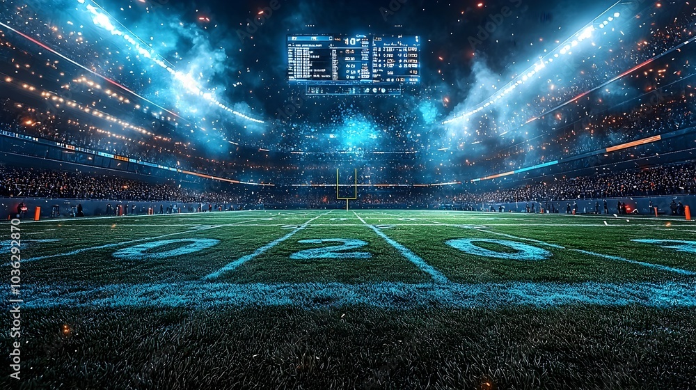 Poster a photograph showcasing a cutting edge american football stadium with holographic play formations pl