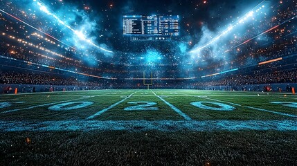 A photograph showcasing a cutting edge American football stadium with holographic play formations player statistics and data visualizations hovering above the field and in the stands
