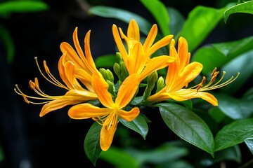 Obraz premium A Honeysuckle vine growing wild in a woodland area, with its fragrant flowers adding a pop of color to the green foliage