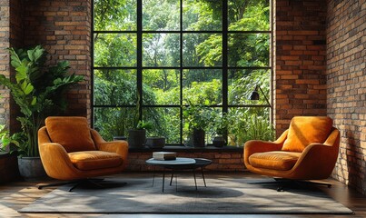 Cozy Living Room with Large Window and Brick Wall