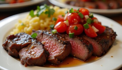  Deliciously grilled steak with a side of pasta and fresh tomatoes