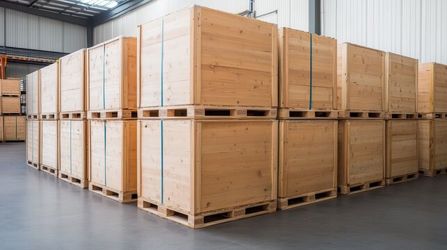 Stacked wooden crates in a warehouse setting
