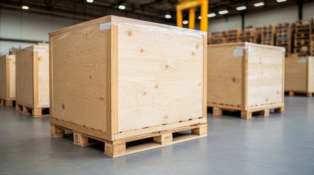 Wooden crates stacked in a warehouse environment