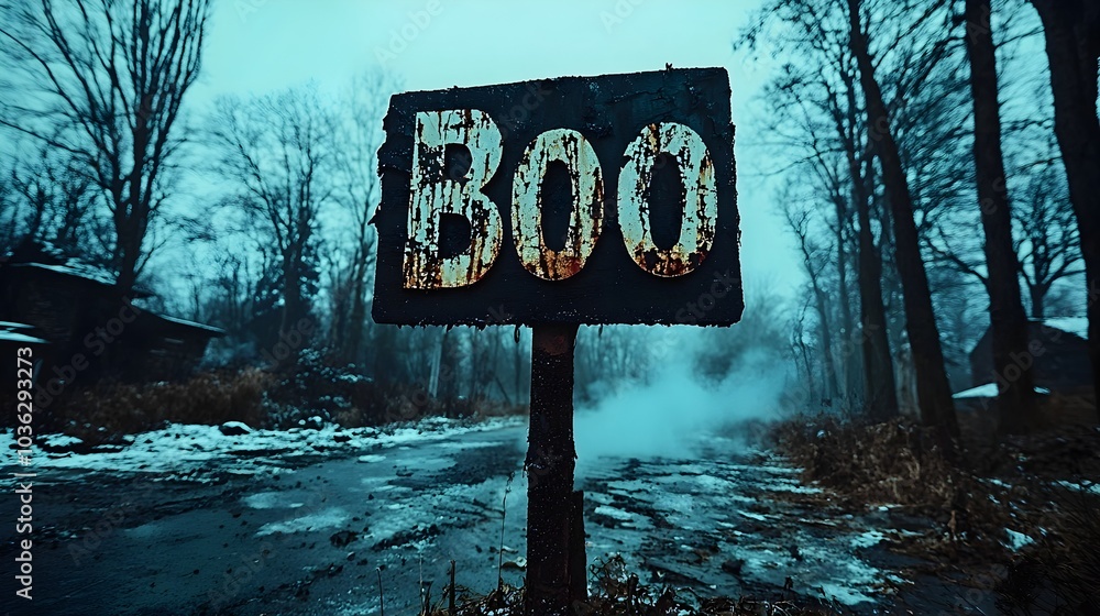 Poster spooky ghost shadow looming ominously in a fog shrouded gloomy and mysterious backdrop creating a ch