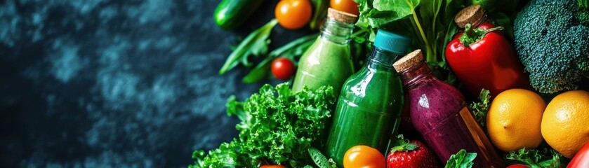 Fresh juices surrounded by vibrant fruits and vegetables