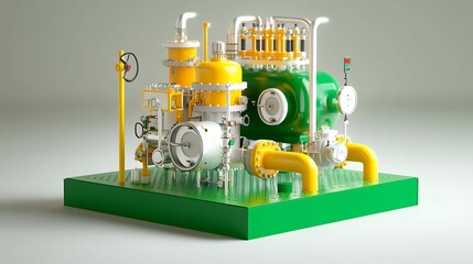 A complex industrial machine featuring yellow and green components, numerous pipes, valves, and gauges, used for engineering or manufacturing processes.