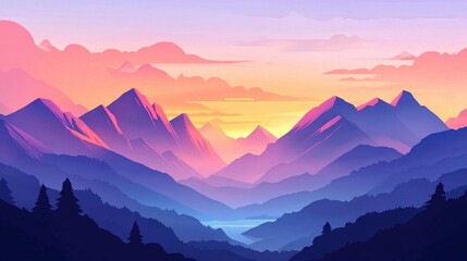 Fototapeta premium Serene Mountain Landscape at Sunrise with Colorful Sky