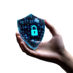 Digital security concept hand holding illuminated shield lock connected network node pattern protection theme Isolated on white background or PNG