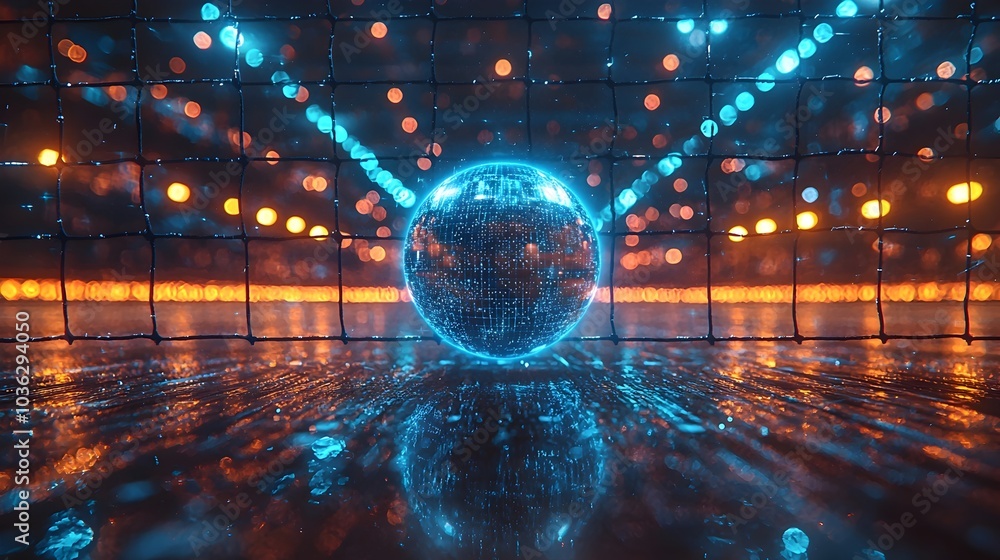 Poster volleyball match with holographic ball trajectory and player data displayed above the net clear copy