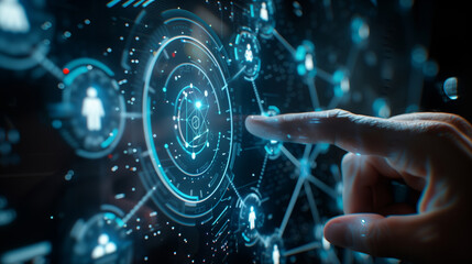 A high-tech visual showing a human hand interacting with a glowing, holographic user interface in a futuristic, digital environment