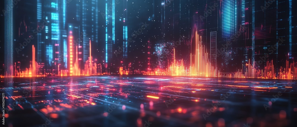 Poster 3d holographic financial dashboard featuring futuristic charts and graphs, glowing data streams in d