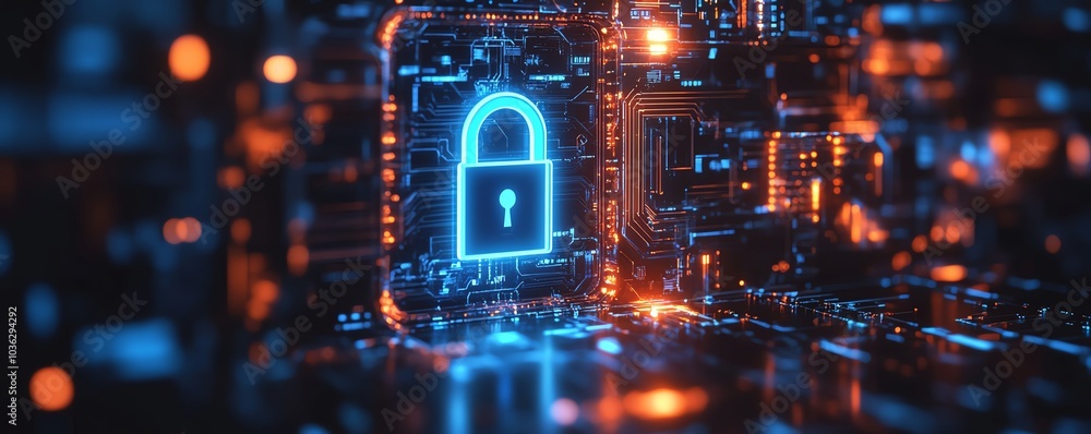 Poster advanced digital padlock featuring bright blue circuits, set against a dark backdrop, binary code sy