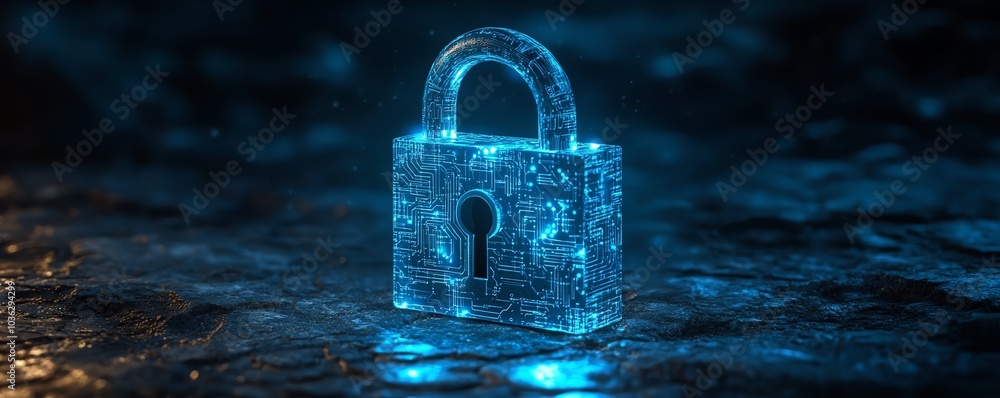 Poster advanced digital padlock featuring bright blue circuits, set against a dark backdrop, binary code sy