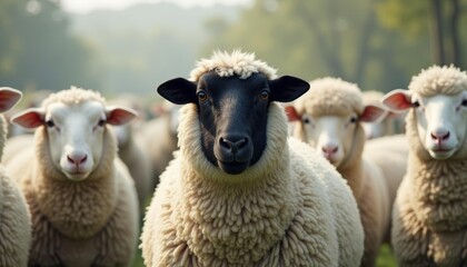 Fototapeta premium Flock of fluffy sheep one with distinctive black face standing in a field